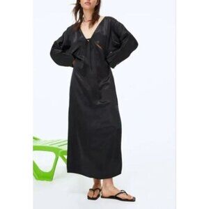 H and M Dress Womens XL Black Satin Cutout Maxi Tie Whimsigoth Witchy Event